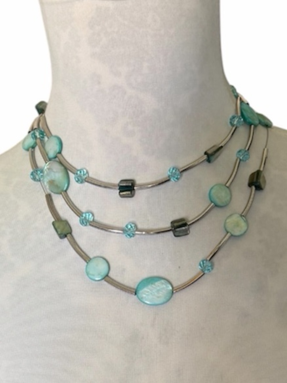Artisan Multi-Strand Turquoise Shell & Crystal Statement Necklace | Silver Tone